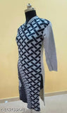 Woolen gray-black printed kurti with three-quarter sleeves, Indian origin for women's wear