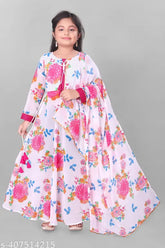 Printed net georgette gown for girls aged 9-15 years, long sleeves, India-origin fashion wear on hanger