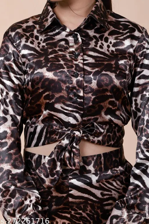 Glen Rose women's satin leopard cord set - stylish 2-piece dress with long sleeves & high-waisted pants, made in India