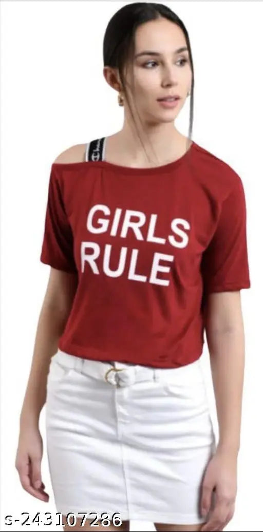 V-neck viscose t-shirt, printed design on women's free size knit kraft top, India