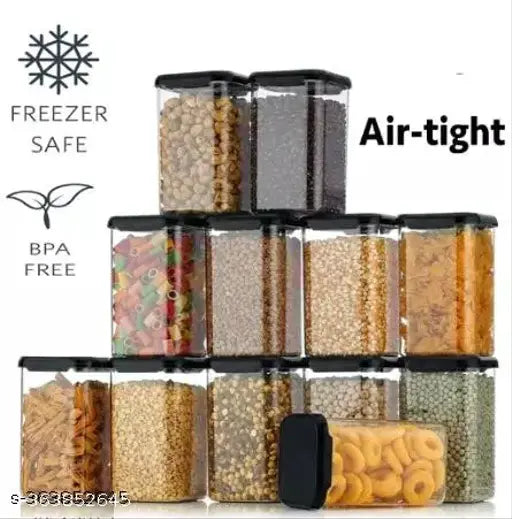 Black airtight plastic kitchen storage containers set - 1100ml pack of 12, ideal for cereal, snacks, flour, nuts, spices, or any food items. Suitable for air-tight storage in the kitchen
