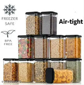 Black airtight plastic kitchen storage containers set - 1100ml pack of 12, ideal for cereal, snacks, flour, nuts, spices, or any food items. Suitable for air-tight storage in the kitchen
