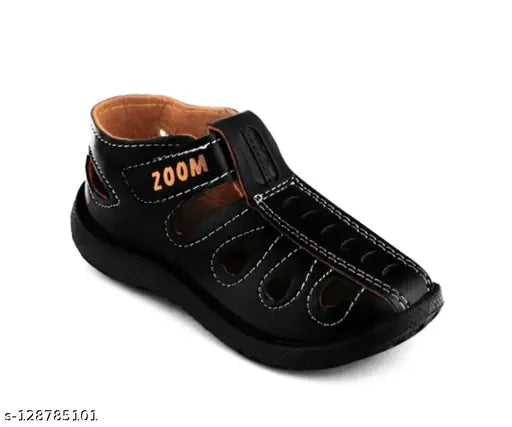 Black synthetic leather Delta velcro casual sandals for kids, ideal for ages 9 months to 6 years