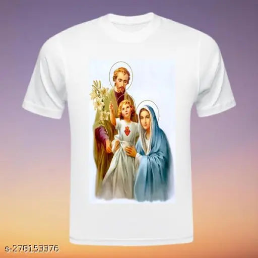 Unisex white polyester Busimax Jesus family striped half-sleeve t-shirt, premium casual wear for various occasions