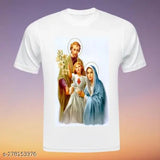 Unisex white polyester Busimax Jesus family striped half-sleeve t-shirt, premium casual wear for various occasions