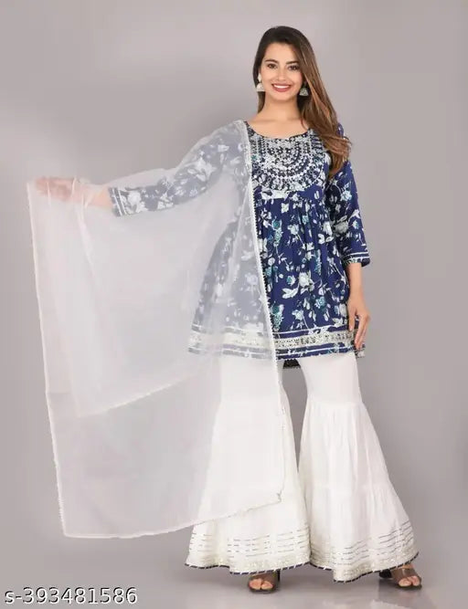 Blue Rayon Print Sets - Indian rayon kurta with dupatta and bottomwear in three-quarter sleeves with printed pattern on display