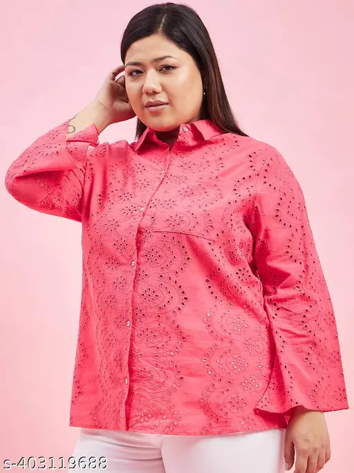 Solid cotton long-sleeved top, "Austivo Shiply Embroidery" in dirty pink, women's size XXXL or similar for bust 44 in, length 28 in. (India)