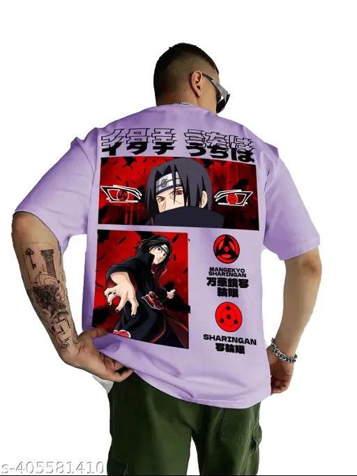 Cotton oversized Itachi Uchiha Akatsuki anime lavender t-shirt for men and women, printed pattern on short sleeves