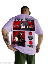 Lavender oversized anime Itachi Uchiha Akatsuki t-shirt for men and women, printed on short-sleeve cotton fabric, size chart provided
