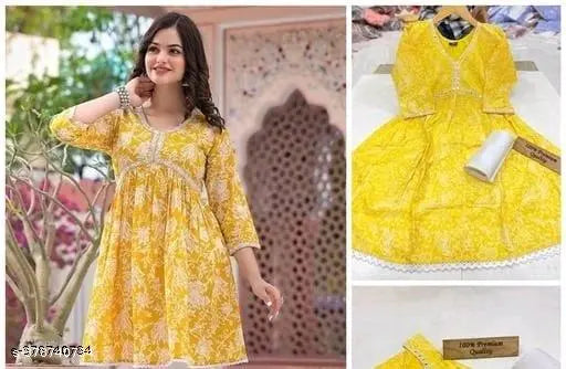 Yellow Rayon Printed Kurta with Three-Quarter Sleeves, ideal for office and summer wear for women