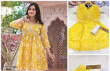 Yellow Rayon Printed Kurta with Three-Quarter Sleeves, ideal for office and summer wear for women