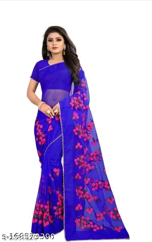 Embroidered floral design saree in Super Net and Satin Silk, single piece, free size, Indian origin