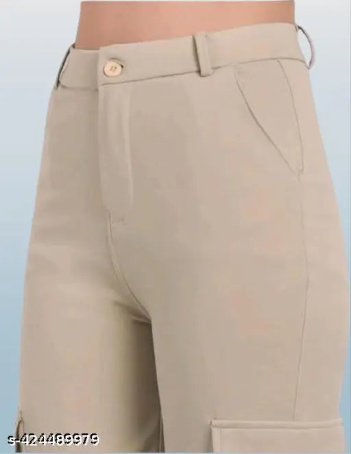 Cream cotton blend cargo pants, straight fit, slanted inset pocket & flap patch, high rise, stretchable and relaxed for casual and formal wear