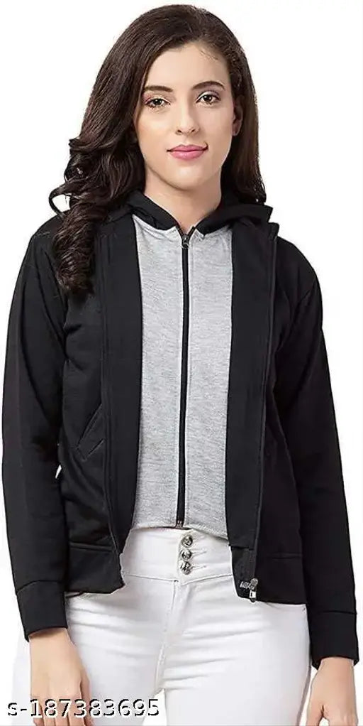 Solid black fleece women's jacket, full sleeve and double zipper, casual wear for sizes S-XXXL