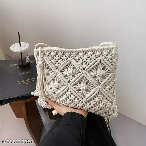 Natural cotton macrame crossbody sling bag, embroidered net pattern, zipper closure. Handmade in India