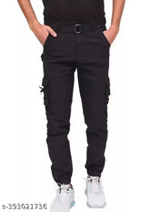 Black cotton blend cargo jeans for men, solid net design. Size: 28 (waist 28in, length 41in, hip 32in), suitable for stylish everyday wear