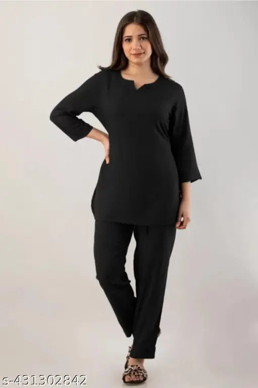 Women's black rayon short kurta with pant suit - Indian printed night dress set, suitable for XS to XXXL sizes