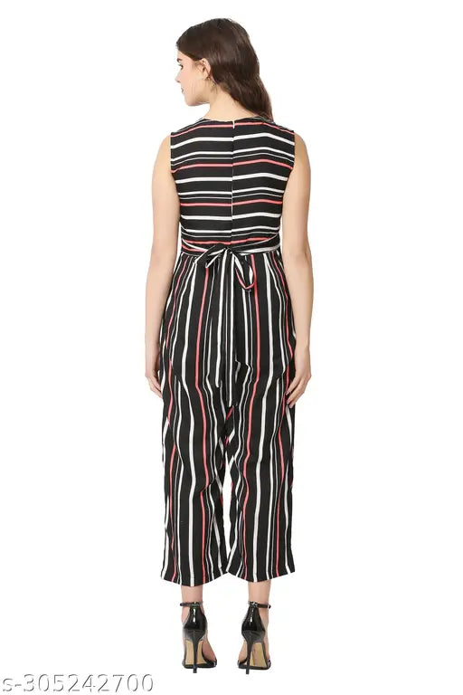 Stylish stripe jumpsuit, poly crepe sleeveless dress with printed net pattern, women's fashion accessory on hanger