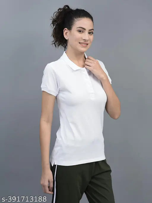 Dollar Women's white cotton blend polo neck t-shirt, short sleeves, various sizes available