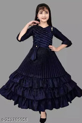 Dark blue poly silk three-quarter sleeve full-length party dress for girls, Rahima Garments designer style, high quality, versatile wear, India