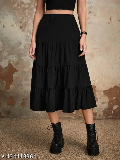 Gorgeous black rayon western skirt, solid pattern, calf length, fits and feels comfortable, size 24 (waist 30in, hip 36in), India-made fashion for women