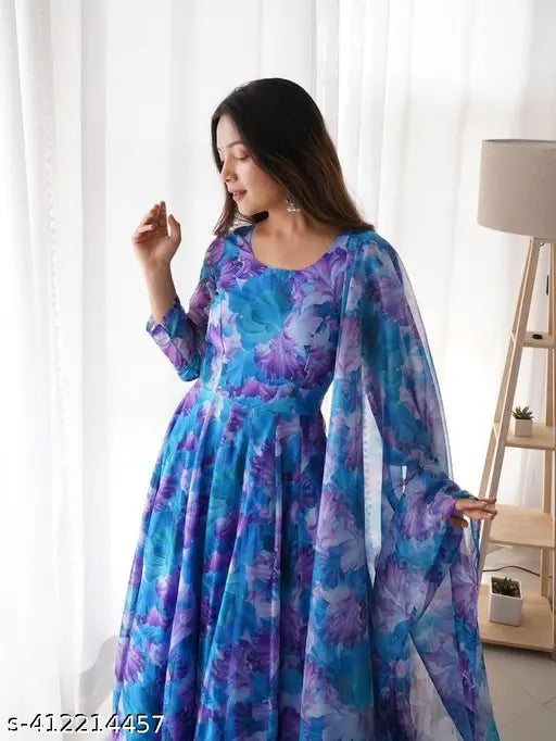 Blue Georgette Heavy Gown with Duppatta, printed digital print, long sleeves, AMBE Fashion launch