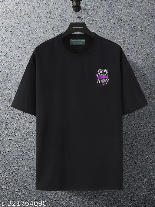Black cotton blend loose fit t-shirt with printed net pattern, short sleeves, ideal for casual wear