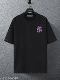 Black cotton blend loose fit t-shirt with printed net pattern, short sleeves, ideal for casual wear