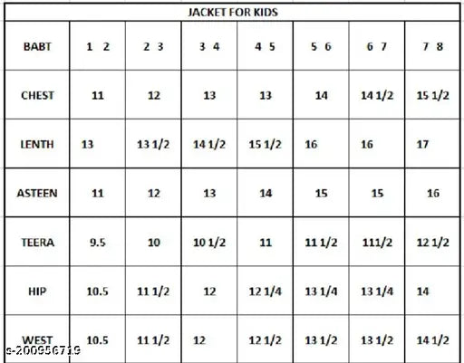 Denim kids winter jacket, solid pattern in sizes 2-3 (10in), 3-4 (11in), 4-5 (12in), 5-6 (13in), 6-7 (14in), and 7-8 (15in). Made in India