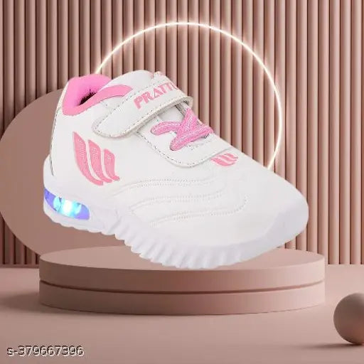 White and Pink Prattle Kids LED Shoes for Boys & Girls - Breathable mesh, durable, lightweight, comfortable, and stylish with Angry Birds pattern. Bold and elegant light up shoe with color-changing lighting effect