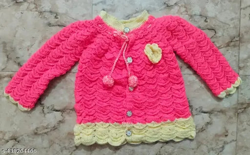 Hand knitted wool sweater for baby girls, self-design net pattern in pink and yellow, high quality Indian-made winter wear with long sleeves