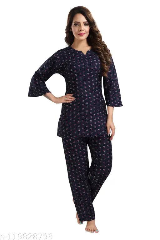 Navy cotton blend kurta pyjama night suit, printed with net pattern on alpine cotton fabric for comfortable sleepwear