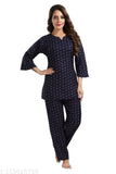 Navy cotton blend kurta pyjama night suit, printed with net pattern on alpine cotton fabric for comfortable sleepwear