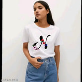 Black flower and alphabet design women's half sleeves printed polyester t-shirt, featuring intricate print on short sleeves, size M for bust 34in and length 24in. Made in India