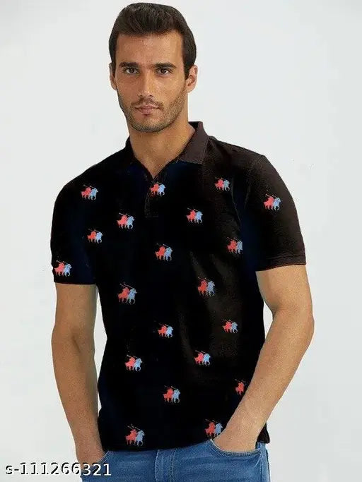 Black cotton short-sleeved polo t-shirts, Eddicted Men's quirky design, latest Indian menswear collection
