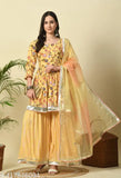 Mustard floral printed rayon kurti and sharara set with dupatta, three-quarter sleeves, India origin