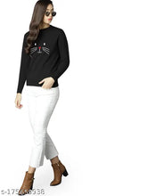 Black fleece pullover sweatshirt with meow print, stylish and trendy women's winter wear, long sleeve, printed net pattern