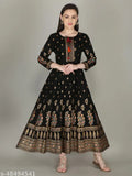 Gold-printed black rayon Anarkali kurtis for women and girls, three-quarter sleeves, attractive printed combo on display