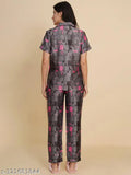 Dark grey quirky print satin night suit for women, comfortable silky satin sleepwear with half sleeves and notch collar, made in India
