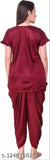 Wine silk satin Patiala top & pyjama set, women's nightwear with attractive lace work, half sleeve & V-neck design