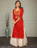 Red bandhej marodi rayon kurti sharara with three-quarter sleeves, printed net Indian ethnic wear for women