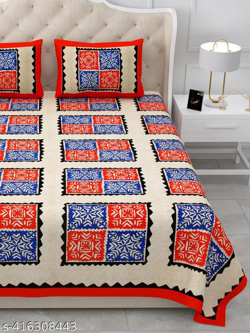 Cotton Jaipuri bedsheet set with geometric elegance, 144 thread count for summer, adult-sized double king bed
