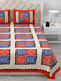 Cotton Jaipuri bedsheet set with geometric elegance, 144 thread count for summer, adult-sized double king bed