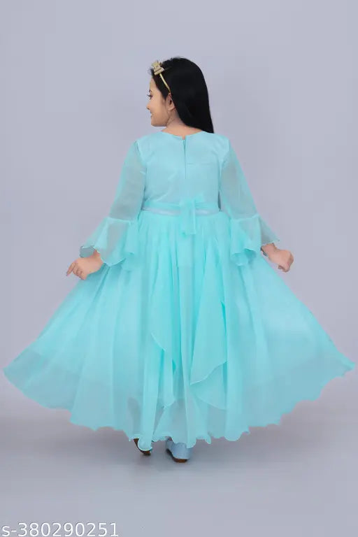 Net kids party frock with long sleeves, printed design, for ages 5-11 years. Indian festive dress gown for kids." (93 characters)