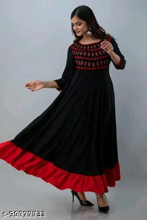 Black rayon flared gown with three-quarter sleeves, embroidered pattern. XL, bust size 42 inches, Indian-made fashion dress on mannequin
