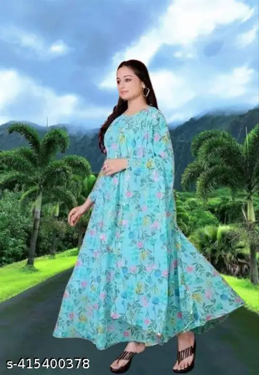 Sky blue flower printed georgette gown with lace dupatta, premium export quality for women and girls