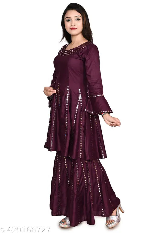 Purple rayon mirror work flared sharara kurta set, trendy round neck anarkali kurti for festive wear