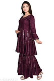Purple rayon mirror work flared sharara kurta set, trendy round neck anarkali kurti for festive wear