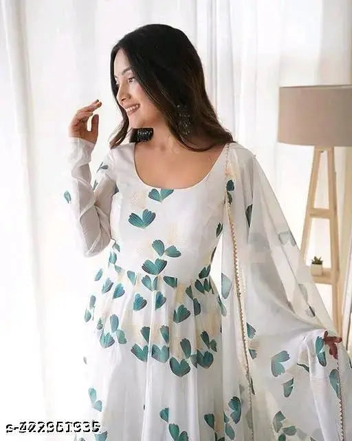 Georgette floral printed wedding gown, long sleeves, beautiful queen look ideas for women's party functions