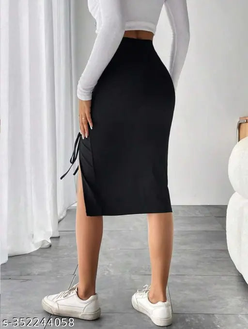 Black cotton blend pencil skirt for women, high waist with split thigh and drawstring detail, sexy style, knee-length, skinny fit